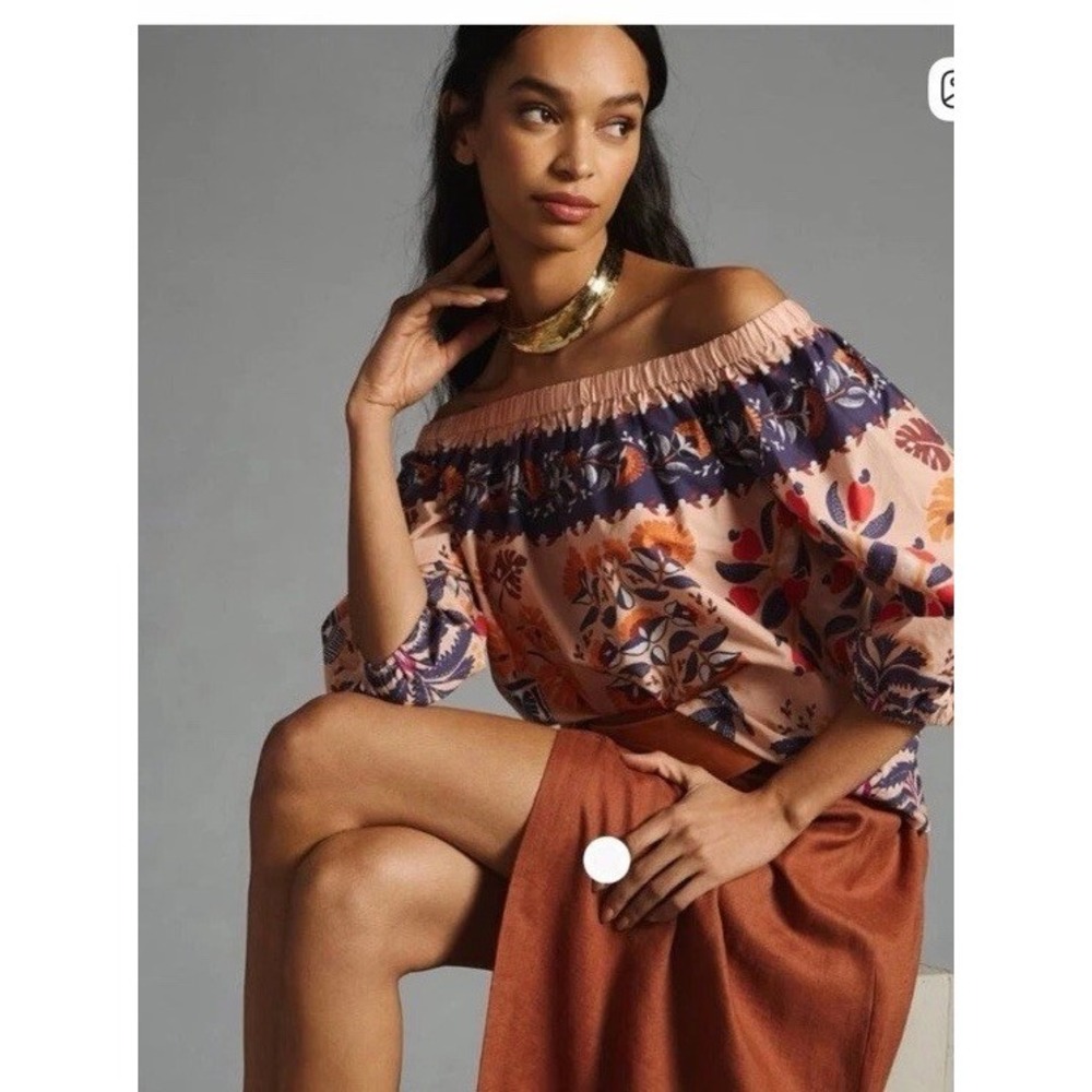 Farm Rio Anthropologie Off-The-Shoulder Printed Poplin Top Blouse Boho Floral, M